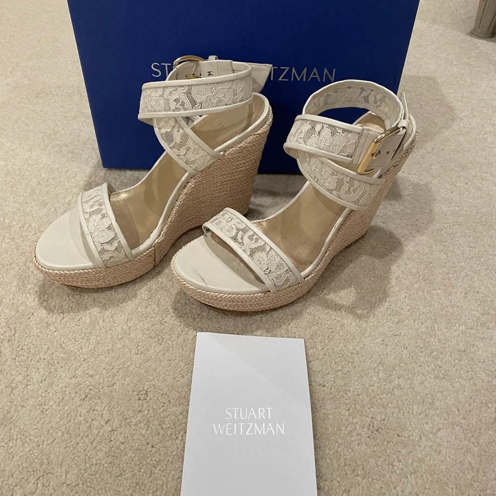 Stuart Weitzman Guipure Lace Espadrille Sandal Ivory Wedges Z4037* size 8